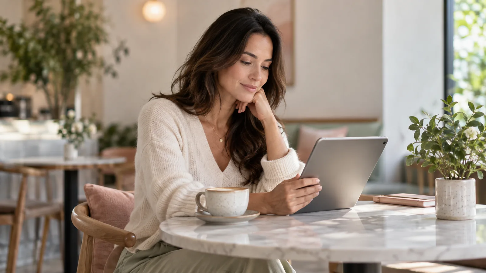 A woman in a cream sweater reads a tablet at a round marble table beside a coffee cup and a small plant.