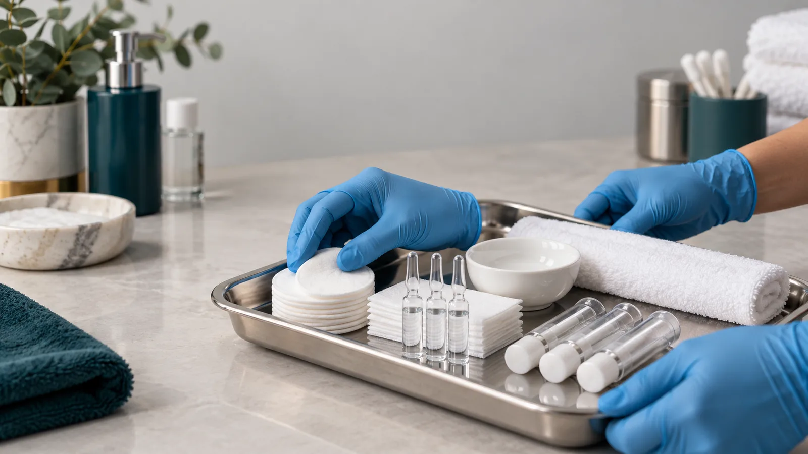 Blue-gloved hands set out cotton rounds, gauze, glass ampoules, and capped tubes on a steel tray with a rolled towel.