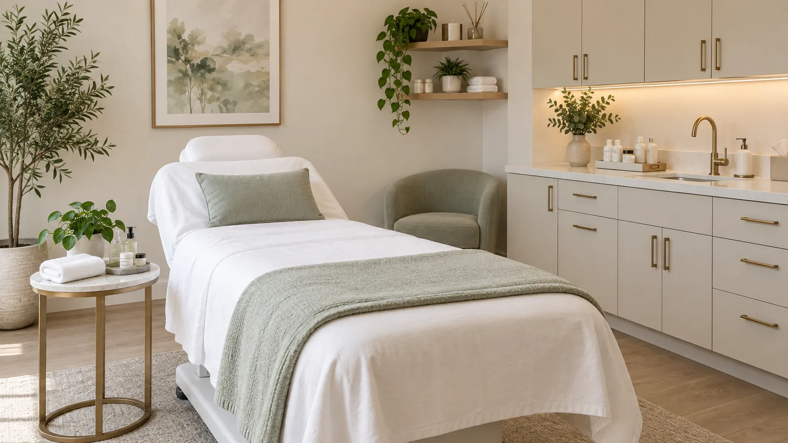 Neatly made treatment bed with a sage throw, a small side table of products, a green armchair, and cabinets.